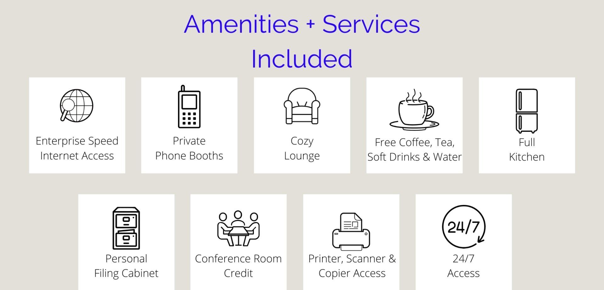 A list of amenities and services included in a hotel