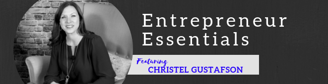 A woman is sitting in front of a sign that says entrepreneur essentials