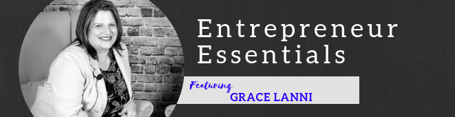 A black and white photo of a woman with the words entrepreneur essentials on the bottom
