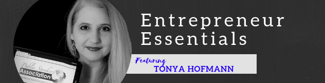 A black and white photo of a woman titled entrepreneur essentials