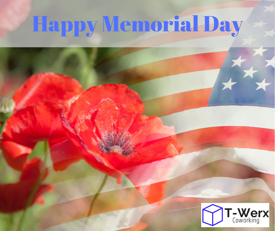 A happy memorial day greeting card with red flowers and an american flag