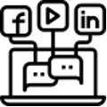 A black and white icon of a laptop with social media icons connected to it.