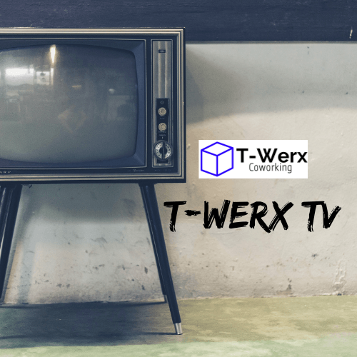 A t-werx tv sits in front of a wall