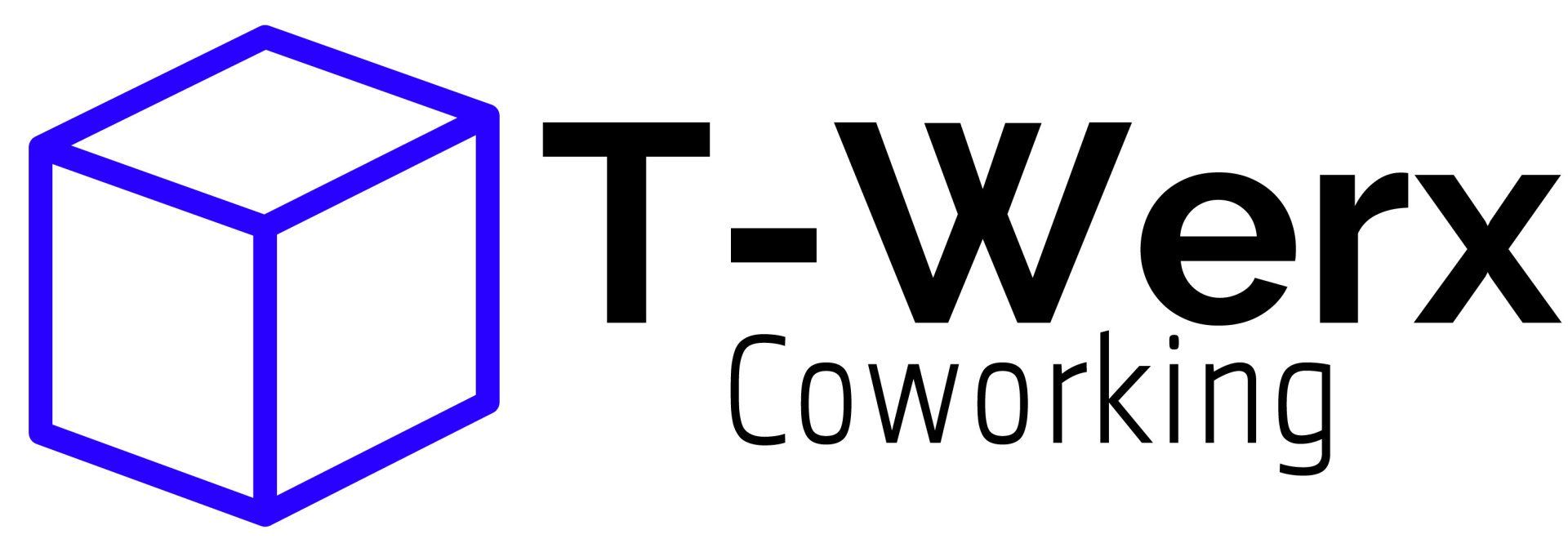A logo for t-werx coworking with a blue cube in the middle.