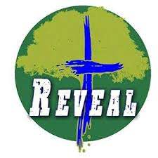 A logo for reveal church with a tree and a cross in a circle.