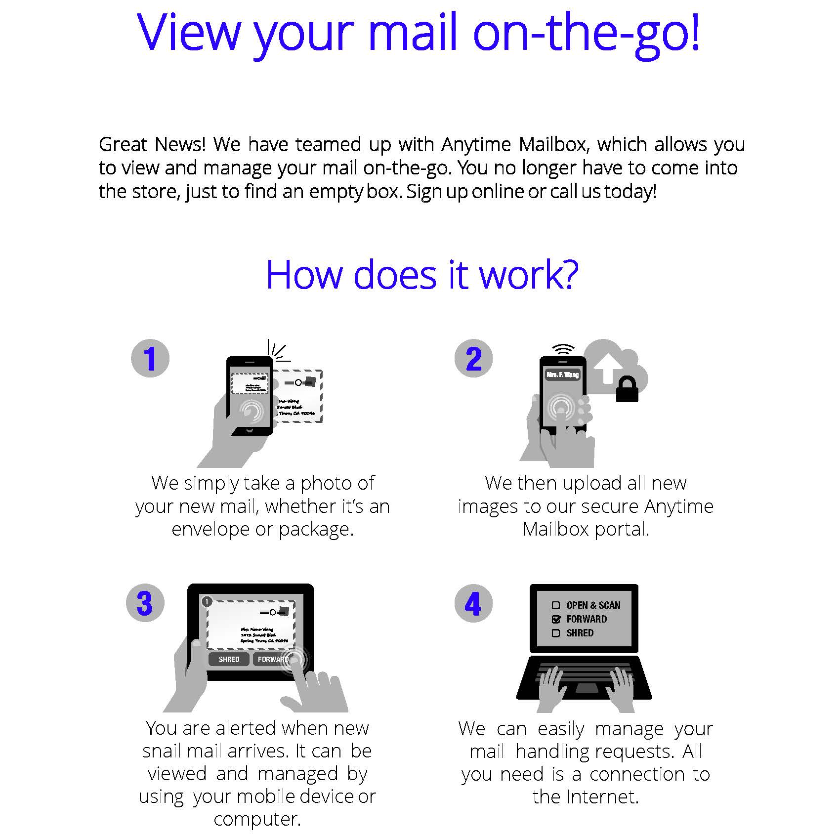 A poster explaining how to view your mail on the go