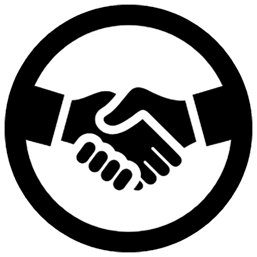 A black and white icon of a handshake in a circle.
