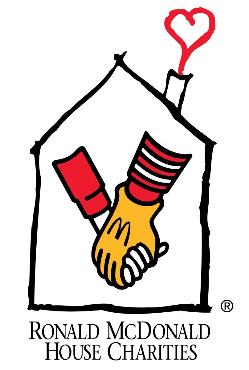 A logo for ronald mcdonald house charities with two hands shaking