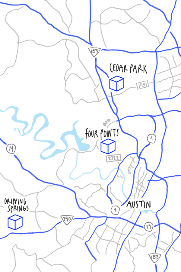 A map showing the location of cedar park and four points