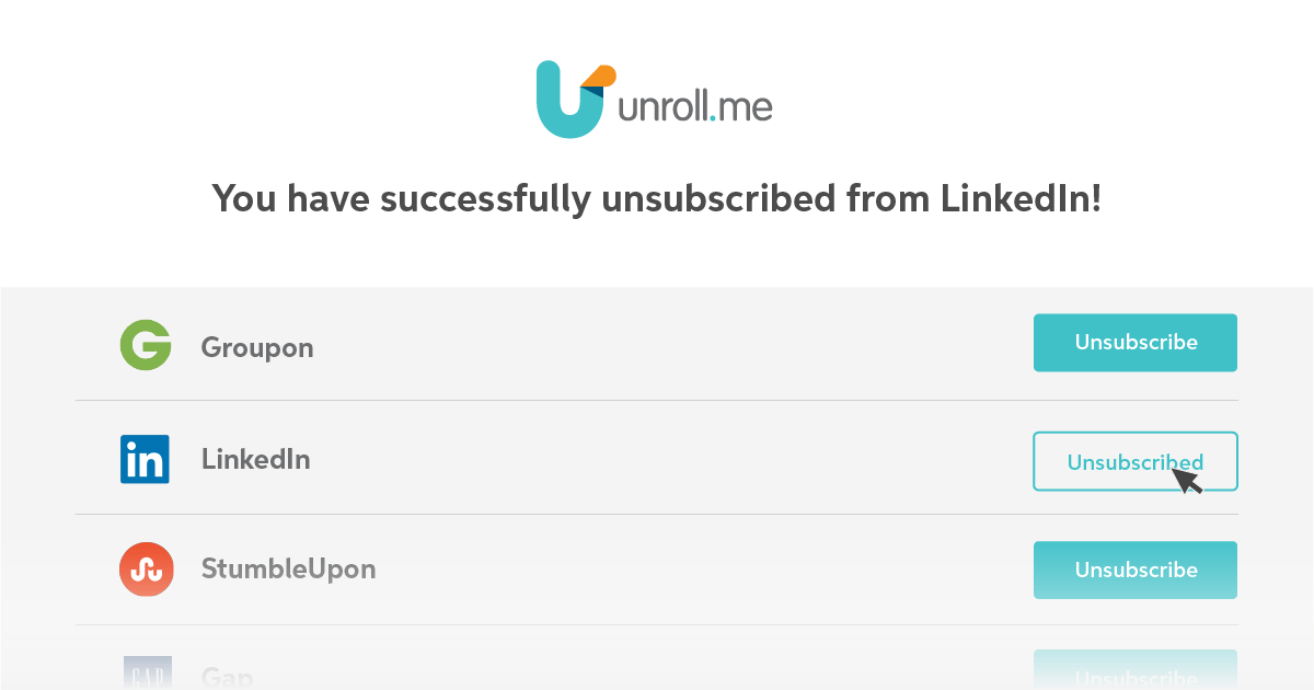 A screenshot of a website that says `` you have successfully unsubscribed from linkedin ! ''