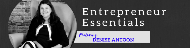 A woman is sitting in a chair in front of a sign that says entrepreneur essentials