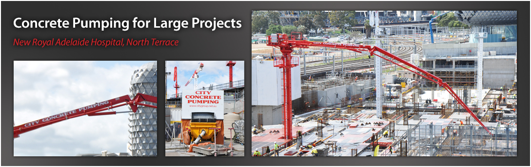 Concrete pump truck extending red boom over snowy construction site, with inset views of large-project pumping.
