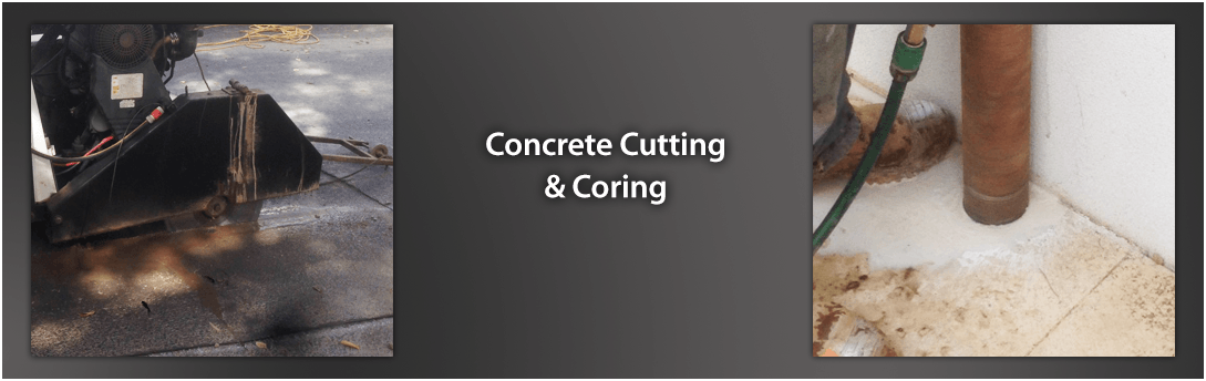 Concrete cutting and coring equipment working on a floor, with dust and drilled holes visible.