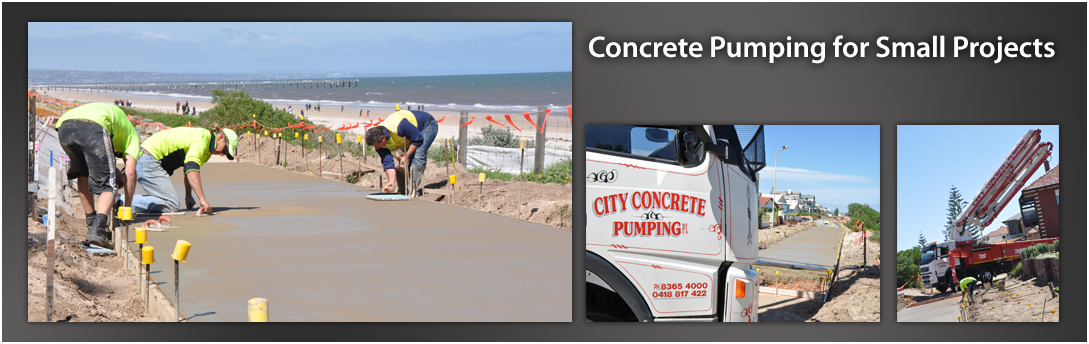Concrete pumping crew working at a construction site with truck and boom pump, under “Concrete Pumping for Small Projects” text