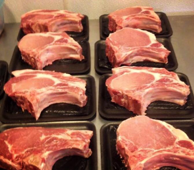 Several trays of raw pork chops are lined up on a counter