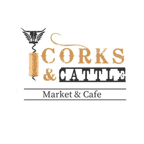 A logo for corks and cattle market and cafe