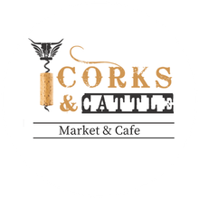 A logo for corks and cattle market and cafe