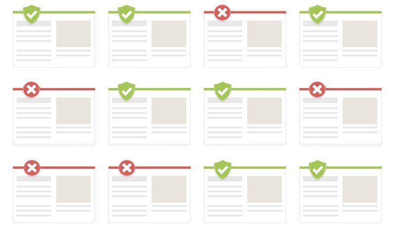 A row of papers with check marks and x marks on them.