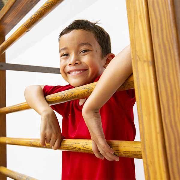 A young boy in a red shirt leaning on a wooden railing
