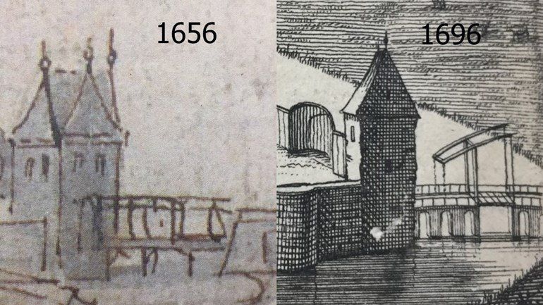 De Zuidwellebrug in Zierikzee in 1656 en 1696 (foto: Omroep Zeeland) Zuidwellebrug