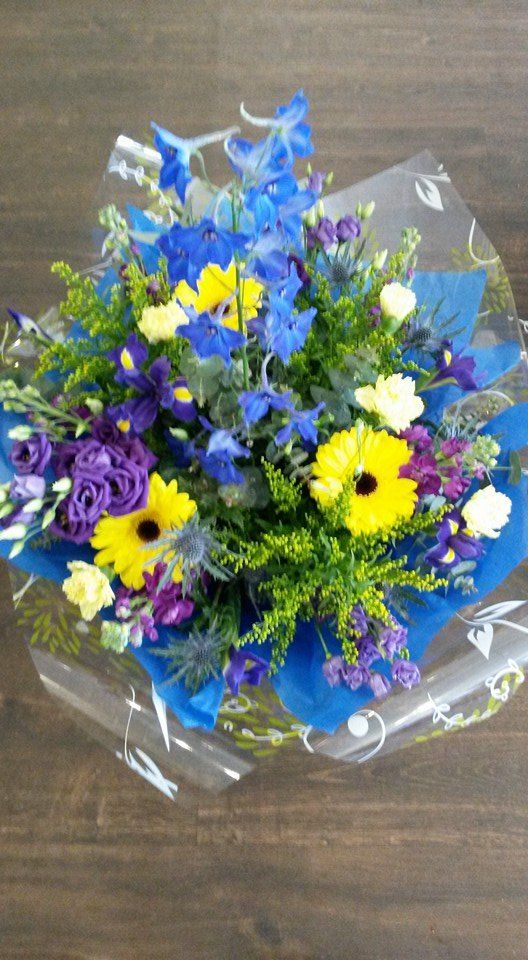 beautiful calendula and blue flowers