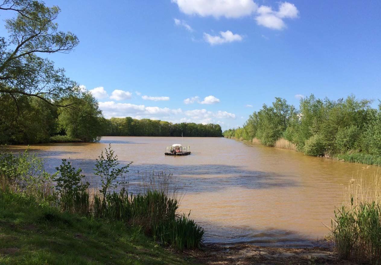 A boat is floating on top of a large body of water surrounded by trees.