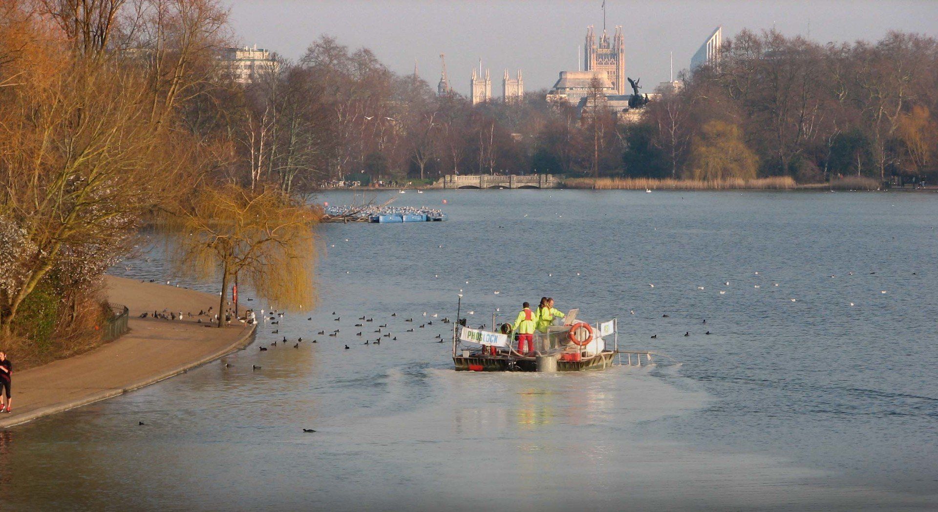 A group of people are rowing a boat on a lake.