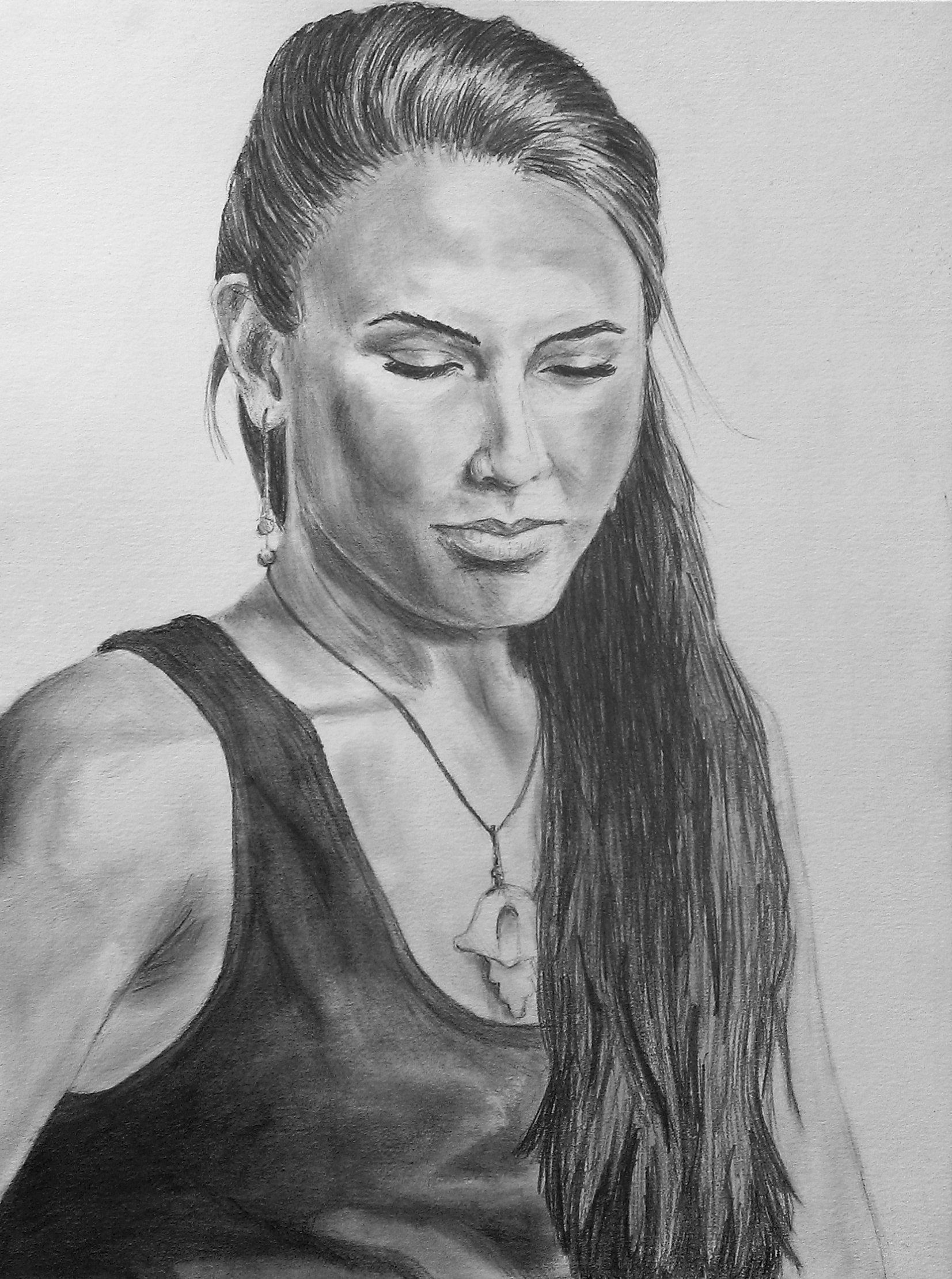 Woman with long hair and closed eyes wearing a tank top and necklace, shaded pencil art.