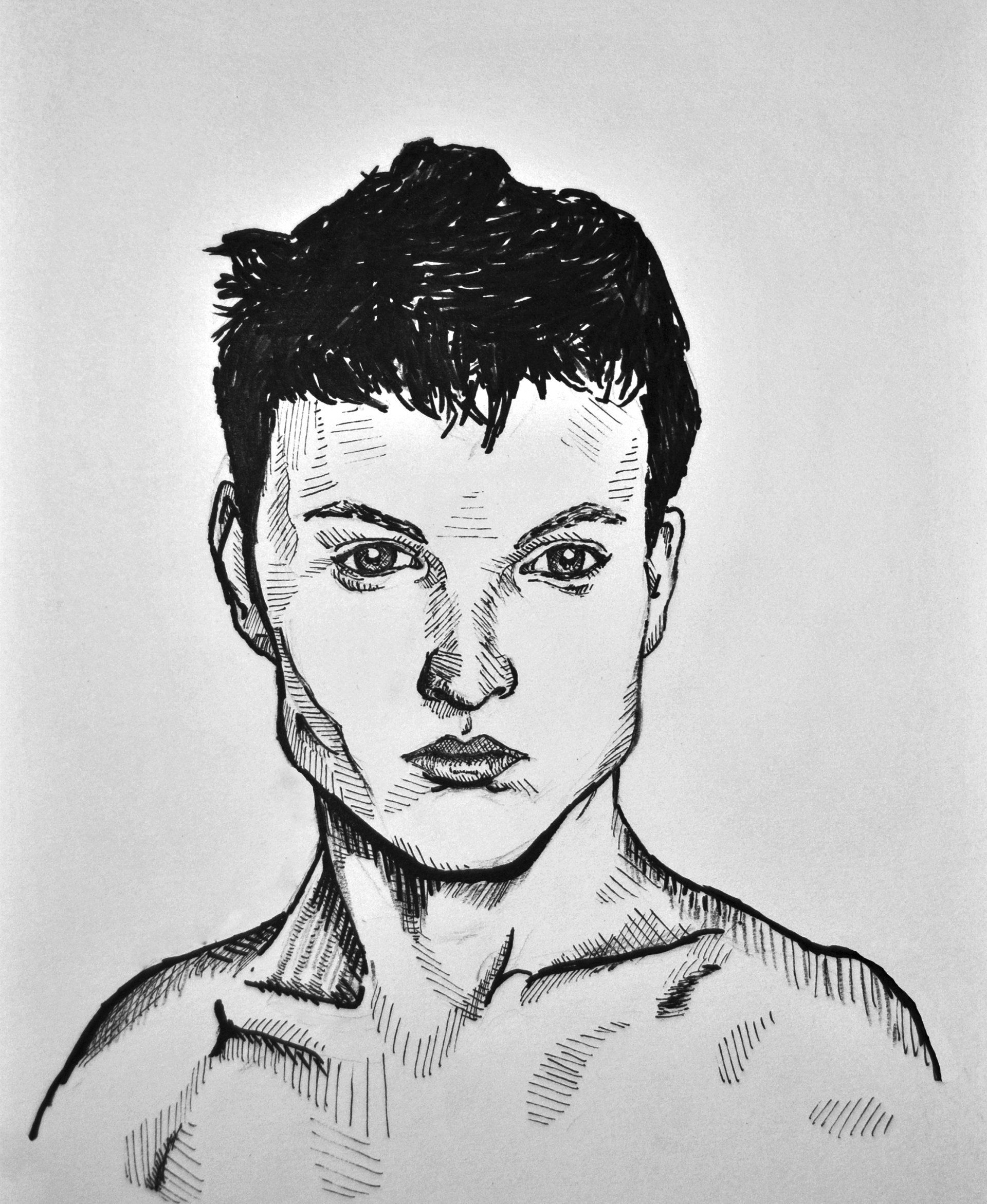 Portrait of a person with short, dark hair, strong jawline, and intense expression; drawn with pen and ink.