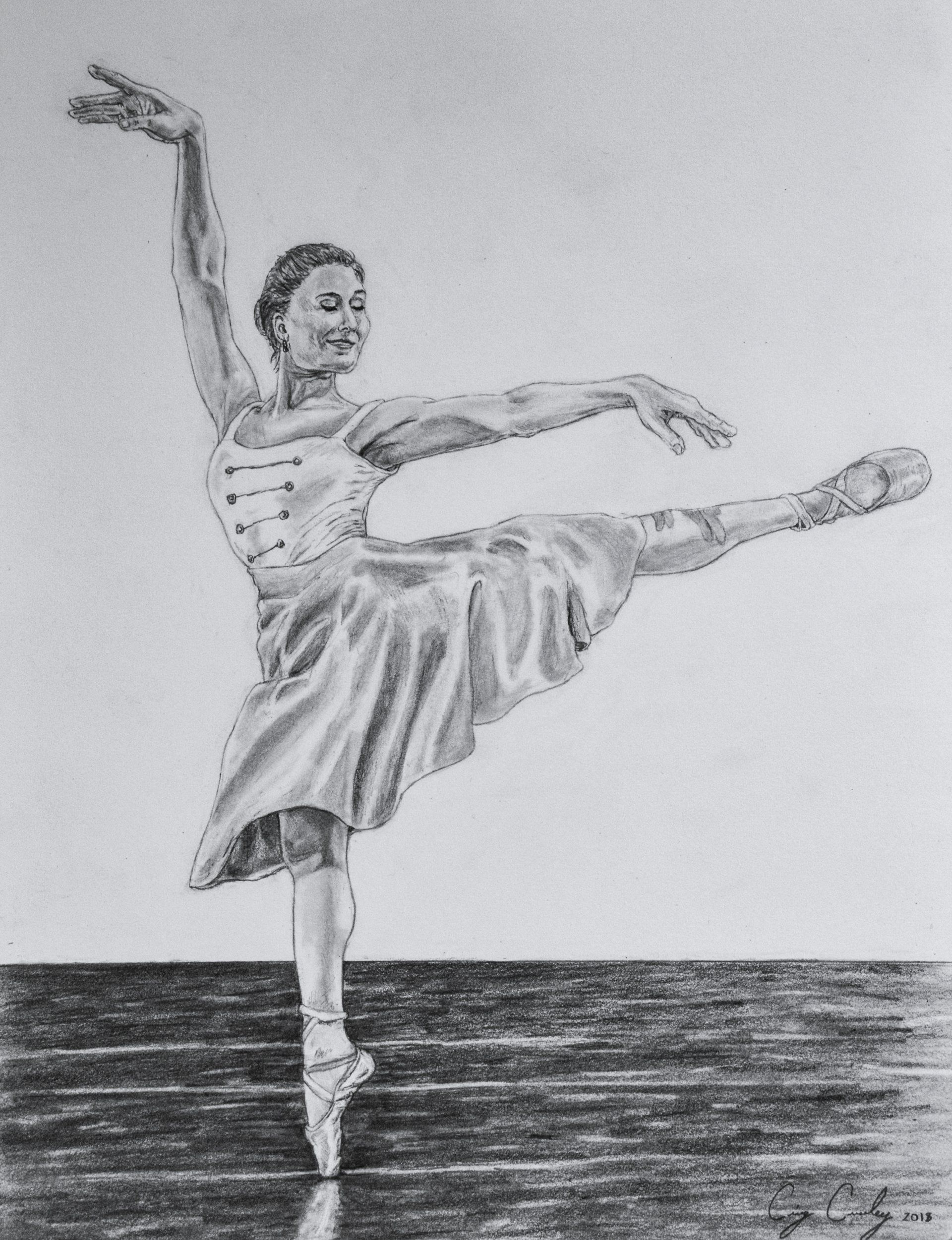 Ballerina in a graceful pose, right leg extended, arms raised. Pencil sketch.