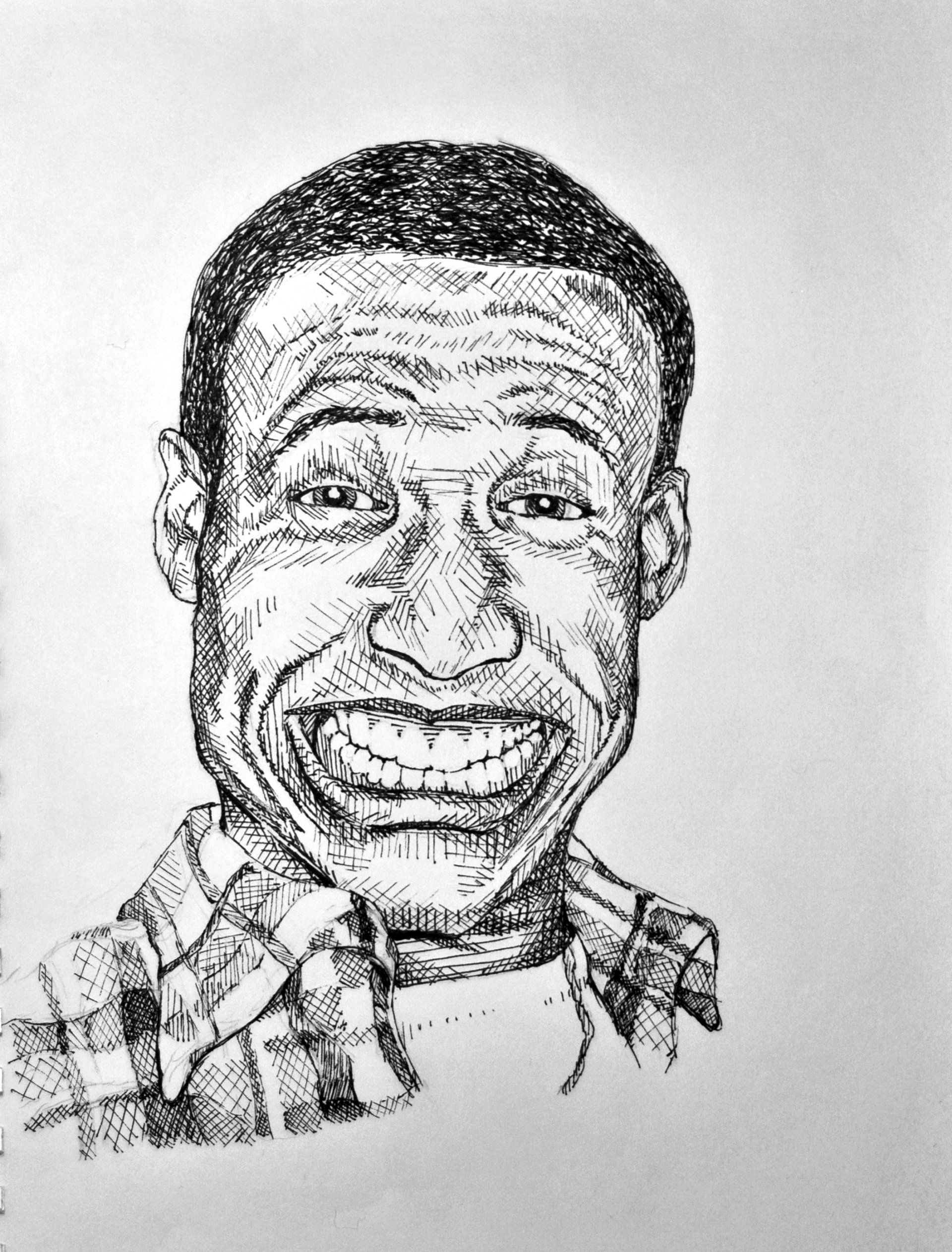 Smiling person drawn with stippling, wearing a checkered shirt.