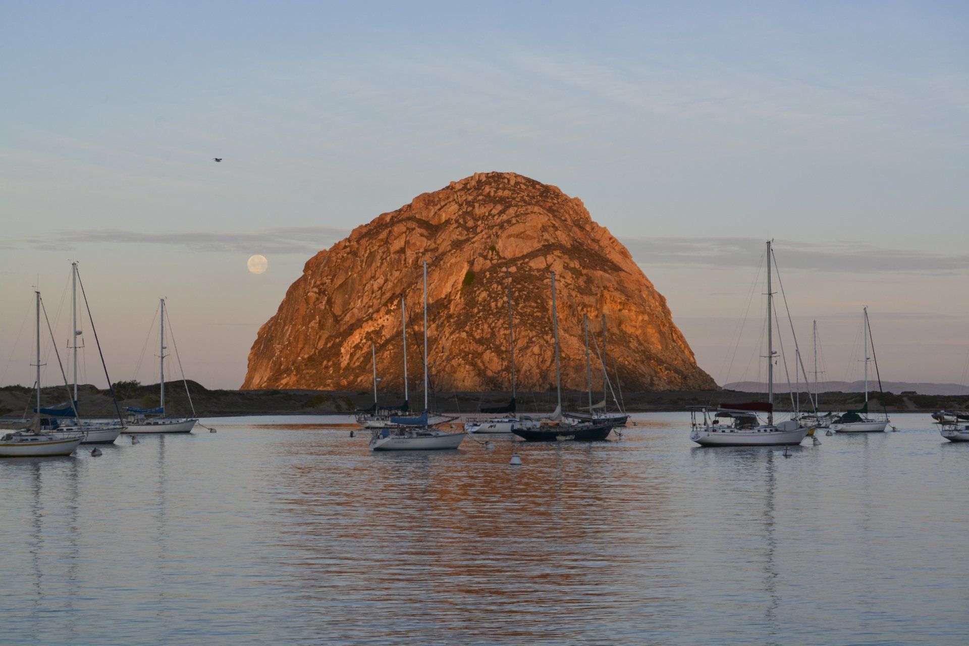 Sailboats on calm water in front of a large, brown rock formation under a dusky sky.