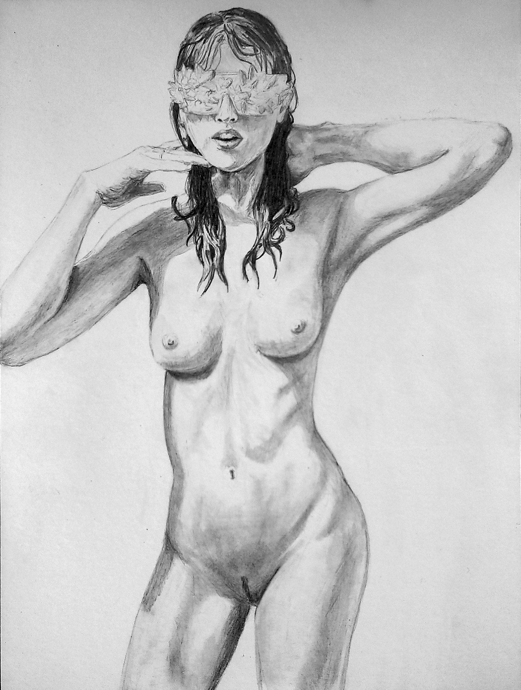 Nude woman, arms raised, covering eyes with floral pattern. Pencil drawing in shades of gray.