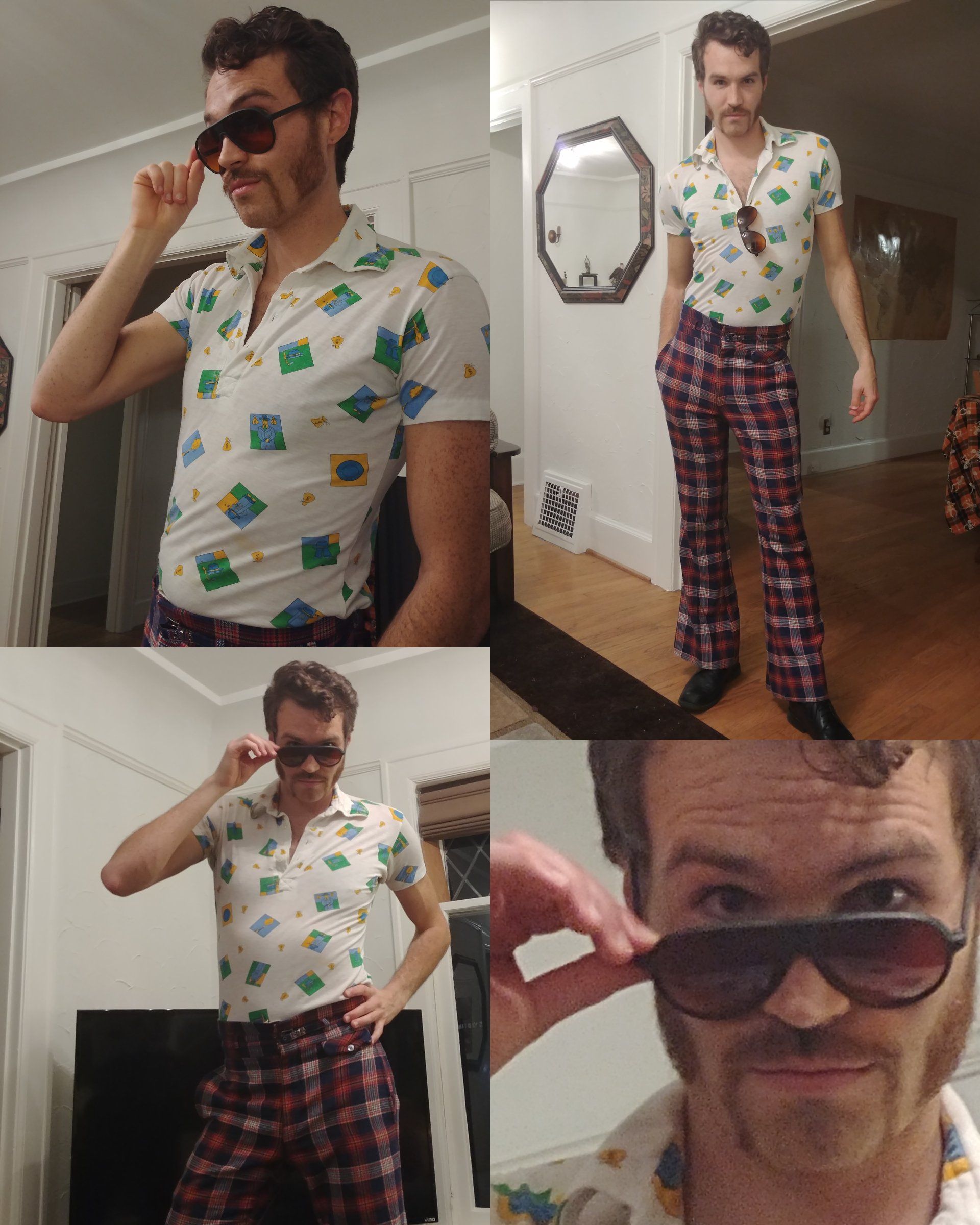 Man in patterned shirt, plaid pants, and sunglasses poses in four shots.