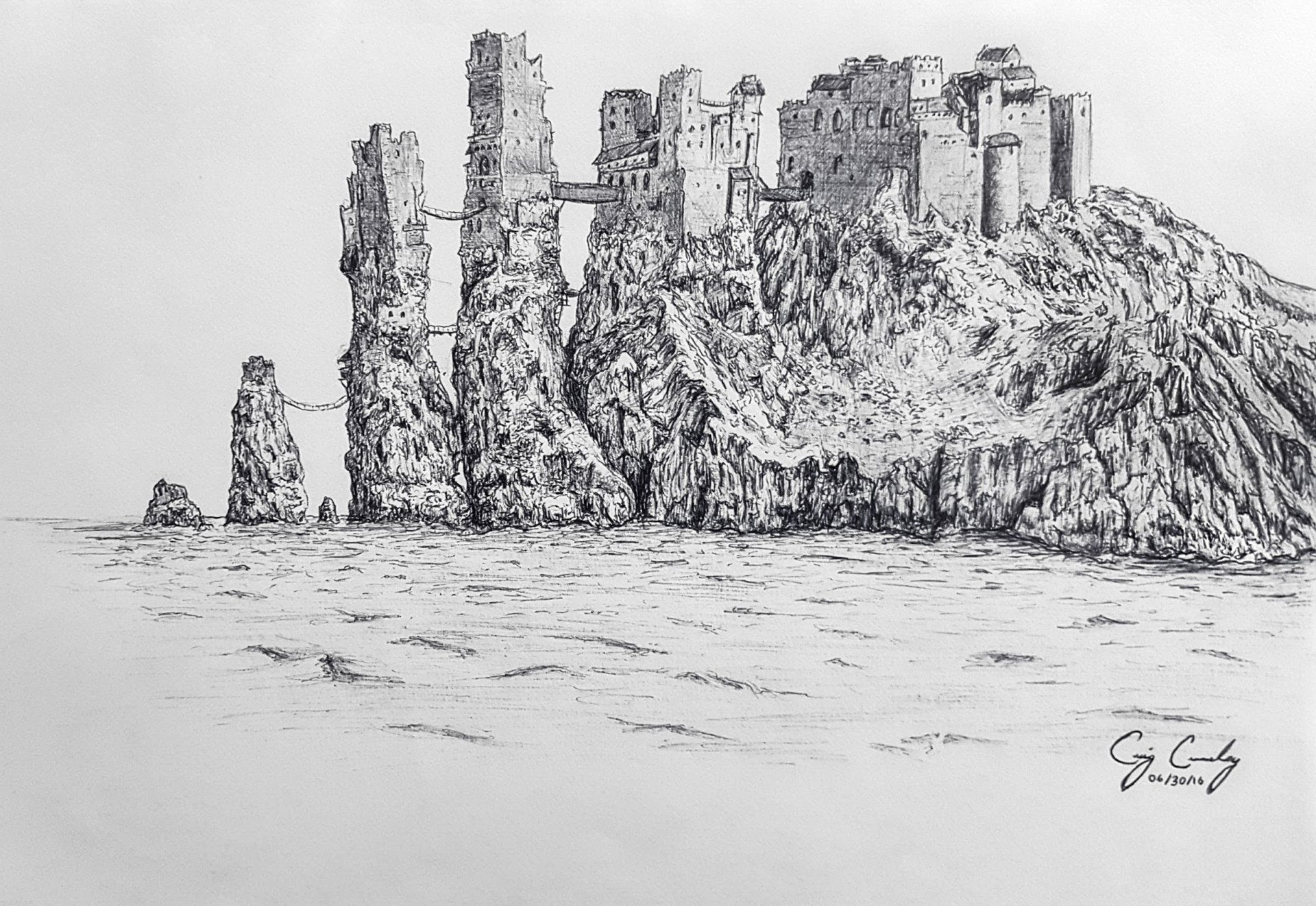Ink drawing of a stone castle atop a rocky outcrop, connected by bridges to stone pillars in a sea.