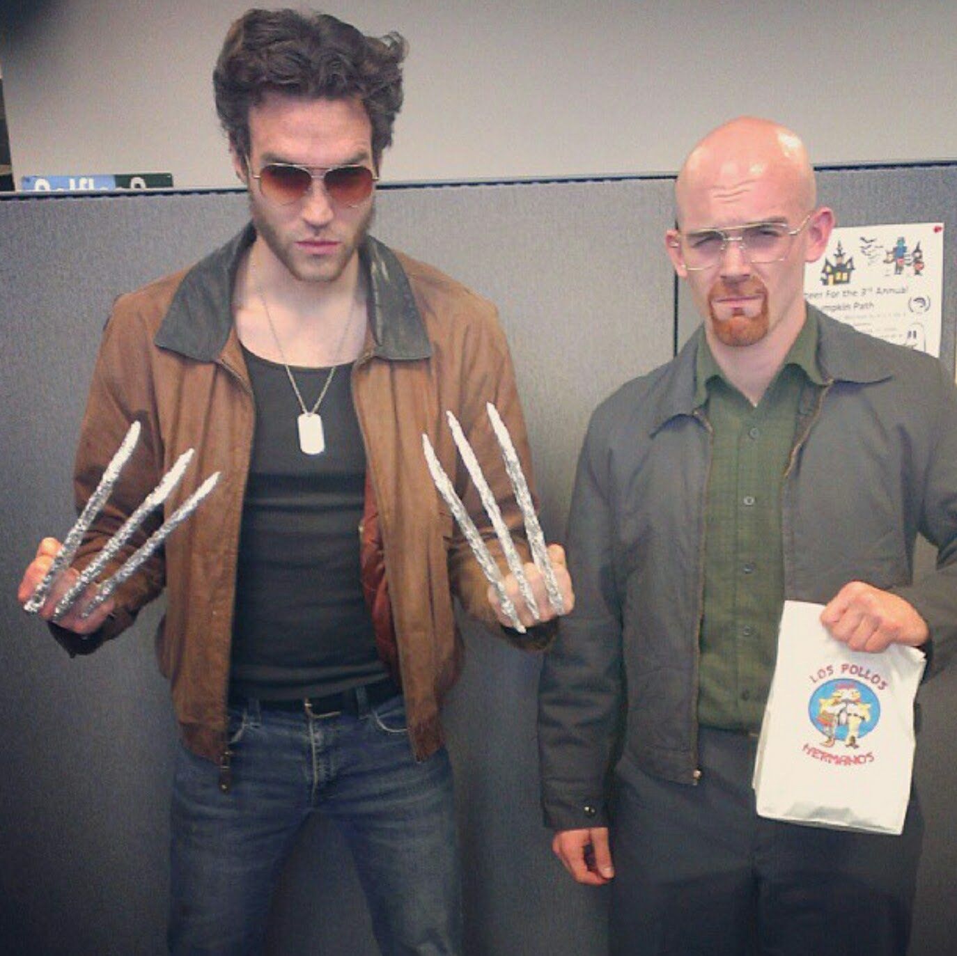 Two men in costumes: Wolverine with claws and Walter White holding a Los Pollos Hermanos bag.