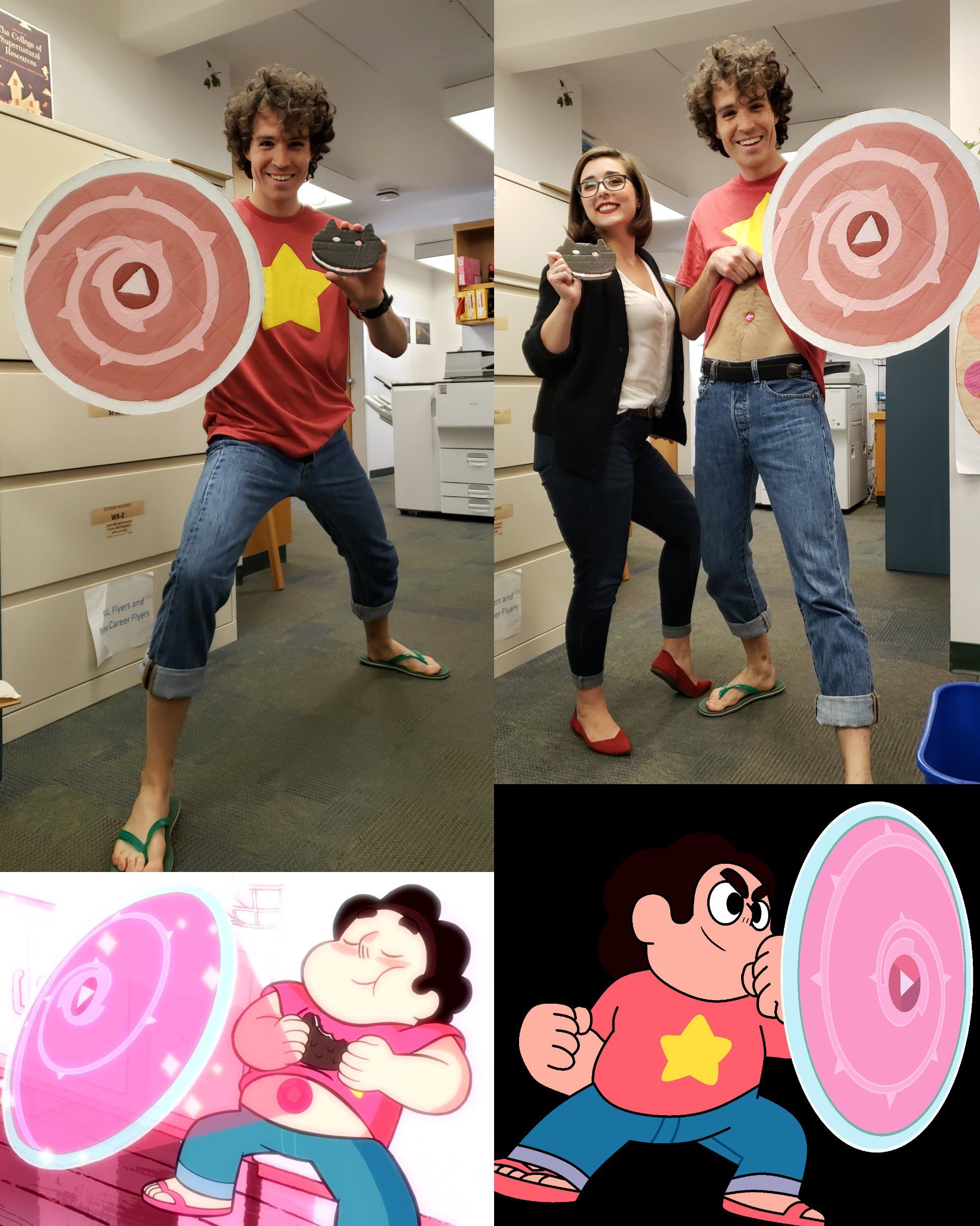 Craig in Steven Universe cosplay posing with shields, next to cartoon references.