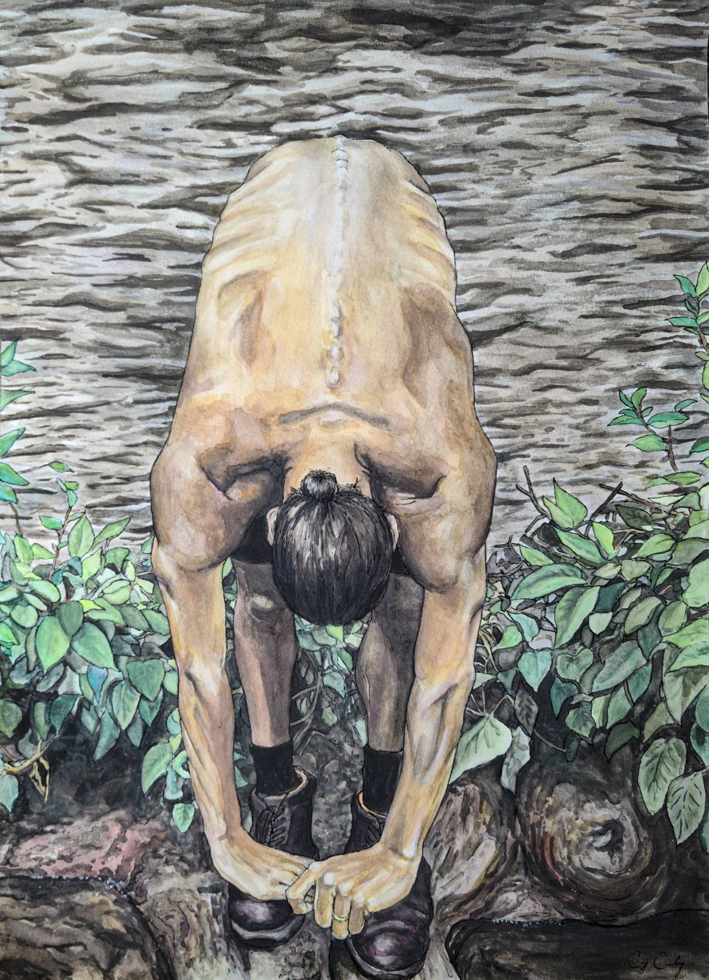 Naked person bending forward, hands near feet. Gray-brown tree trunk background, green foliage.