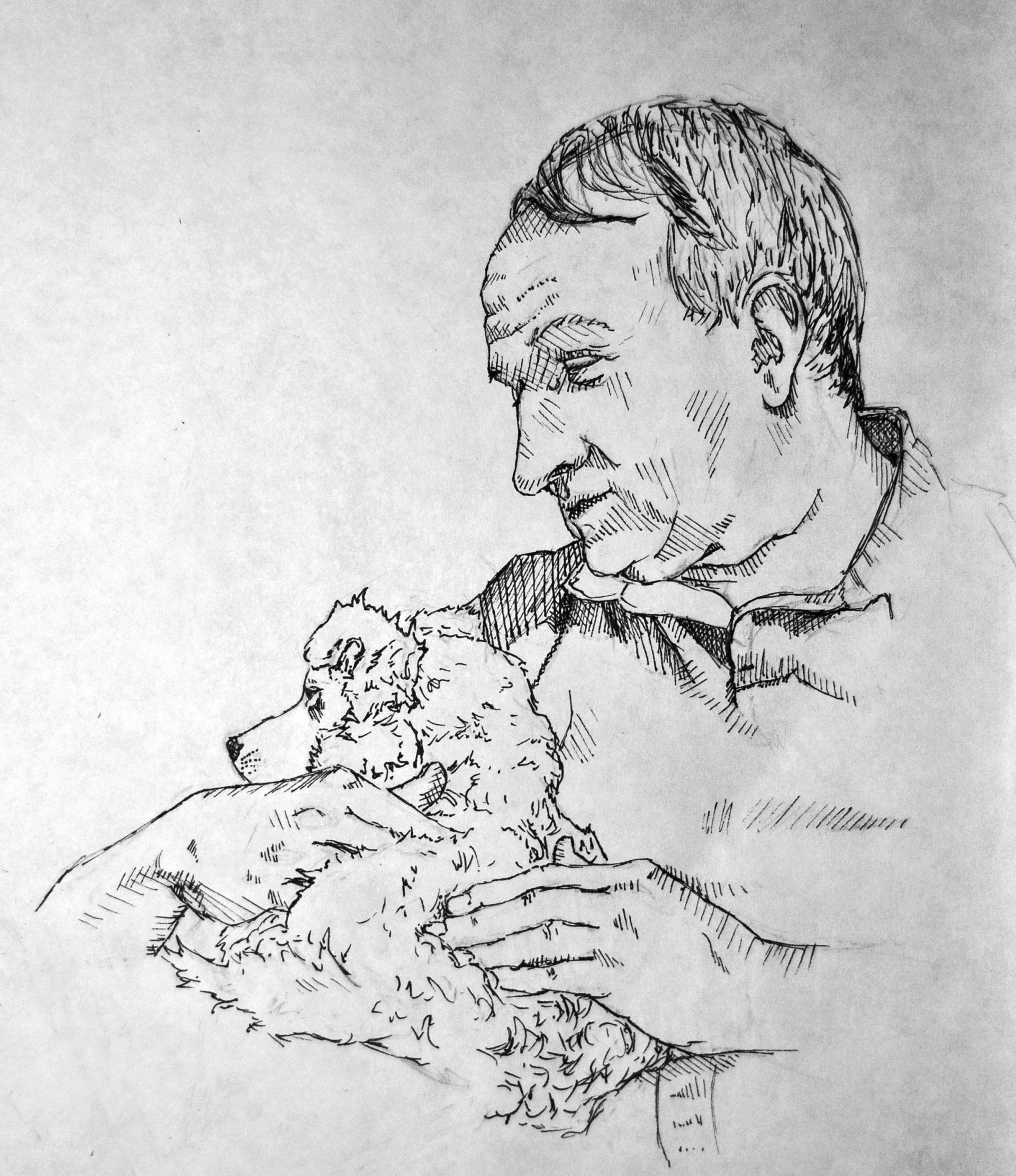 Man holding and looking at a small, spotted dog.