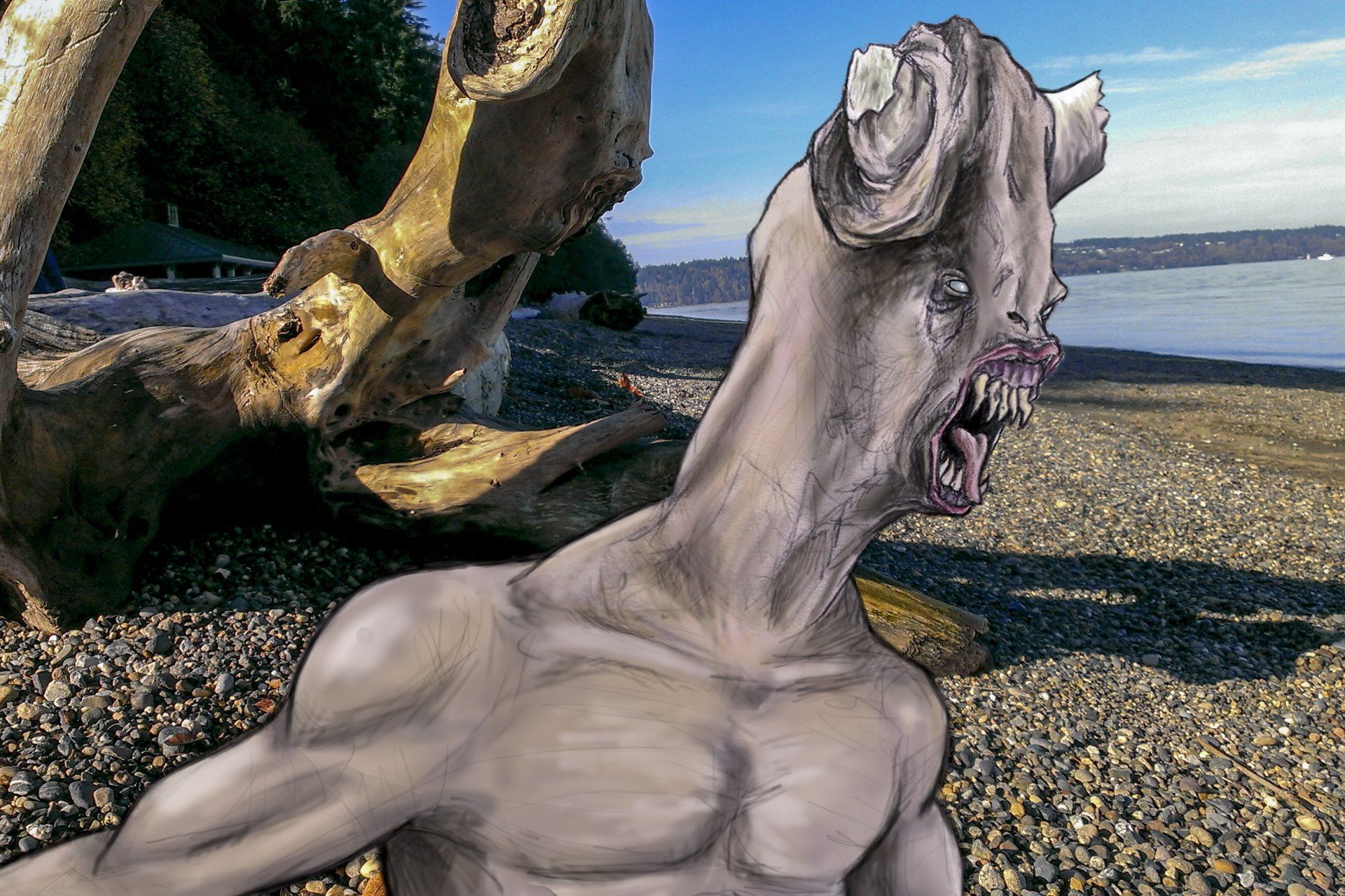 A humanoid creature with a monstrous face stands on a beach. It has a grimace and twisted horns.