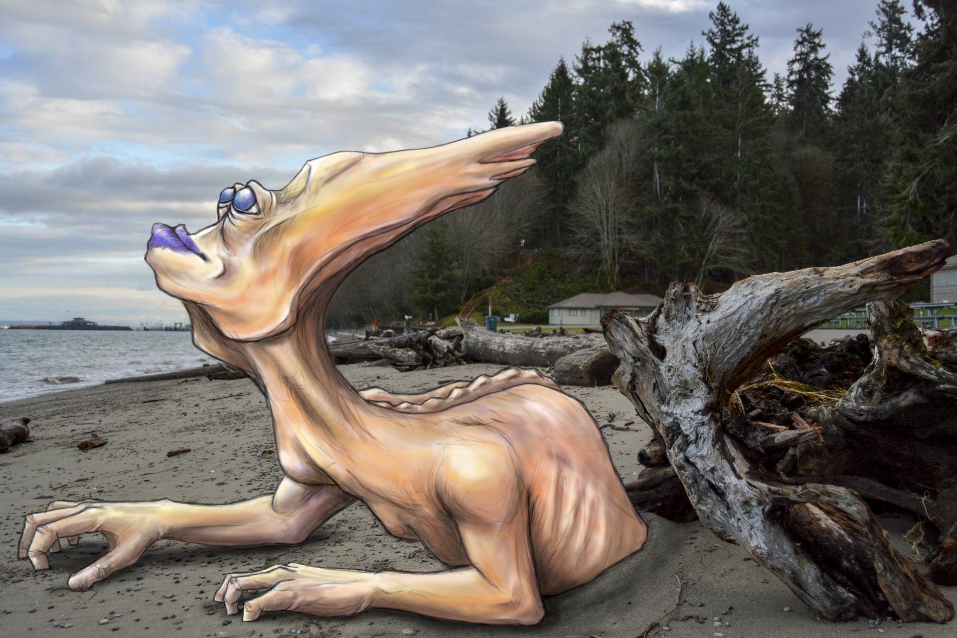 Strange creature on a beach, looking upward. Beige skin, large head, resting near driftwood, overcast sky.