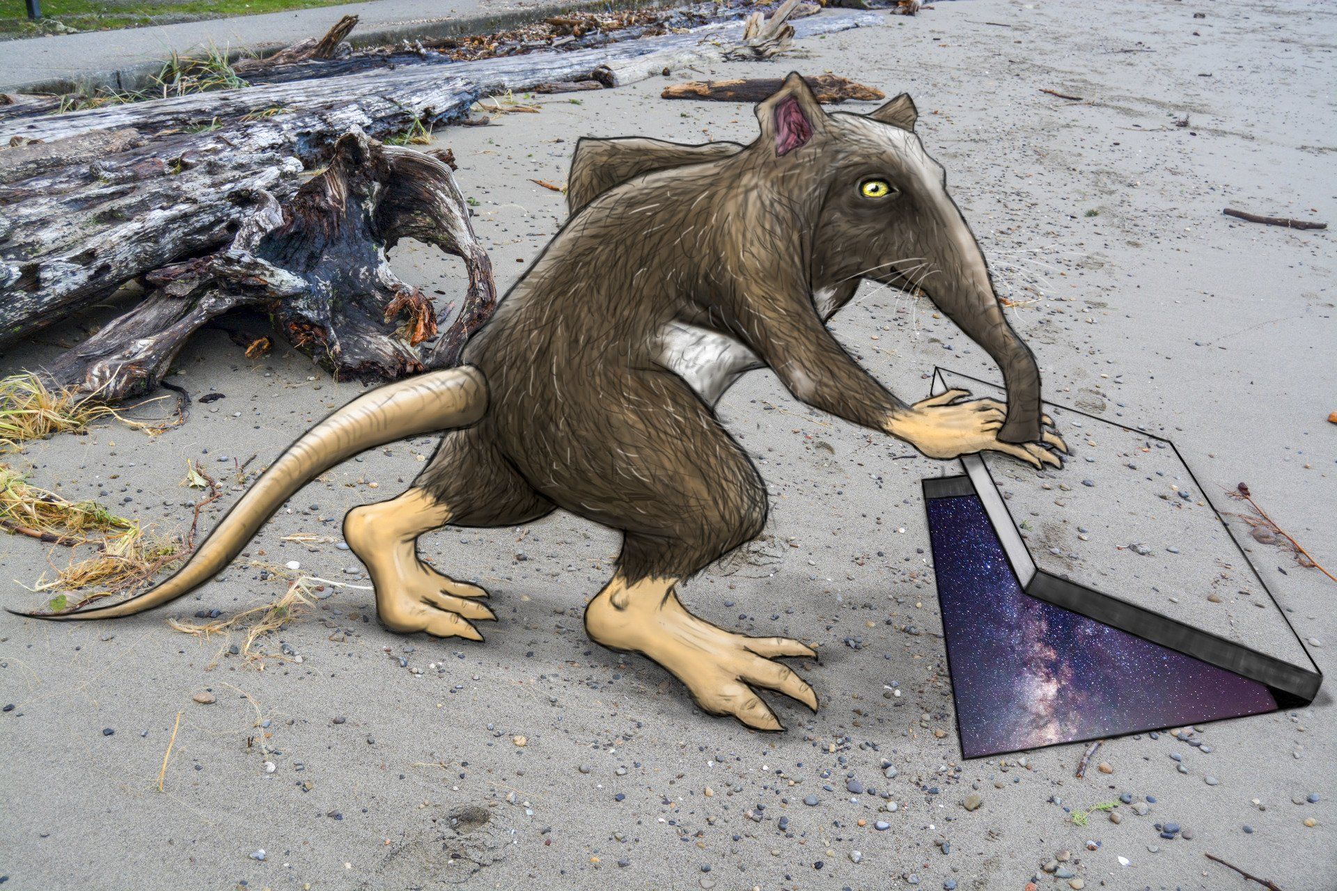 A fantastical anteater-like creature opening a portal to a starry galaxy on a sandy beach.