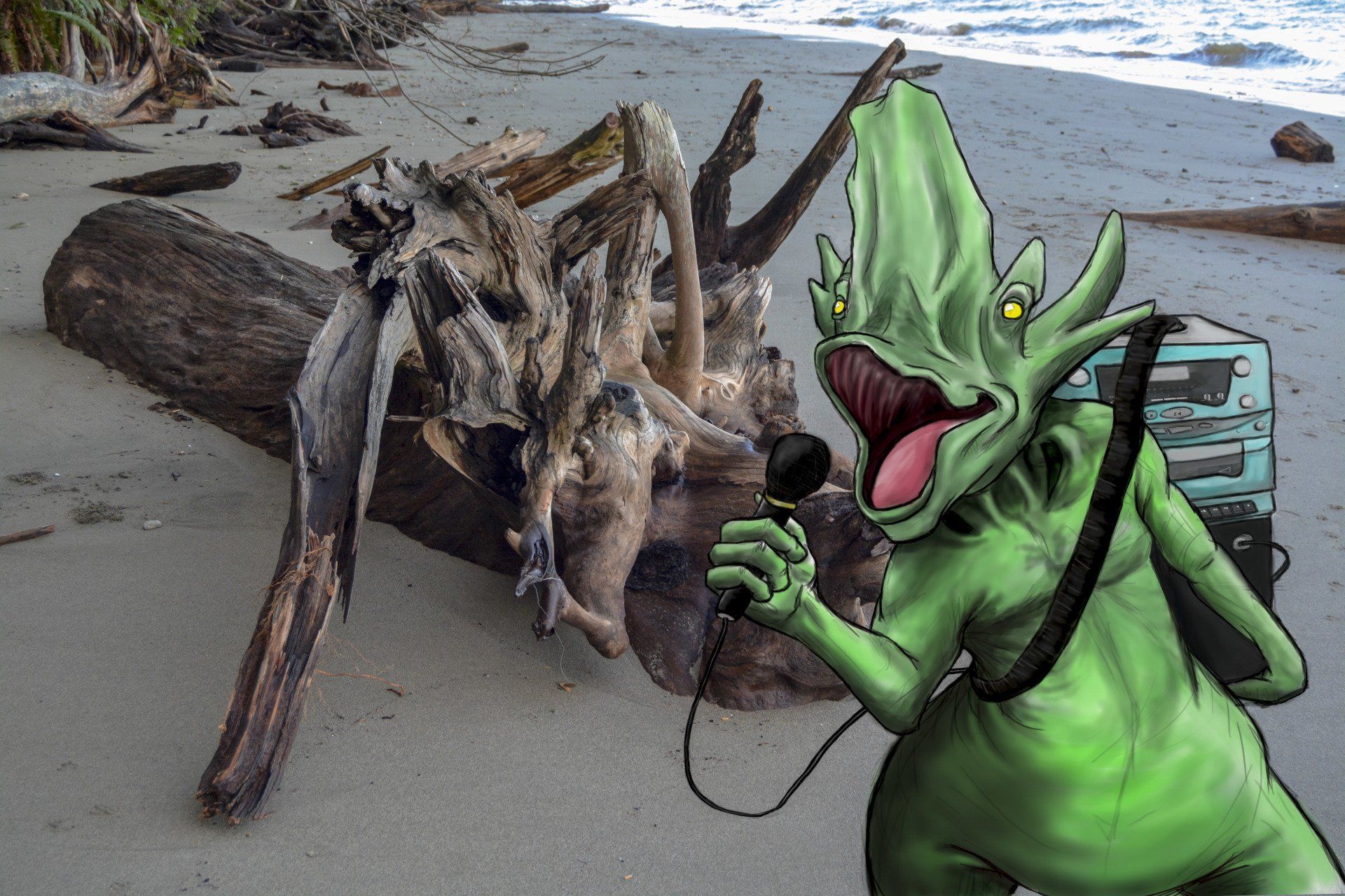 Green alien on a beach holds a microphone; driftwood in the background.