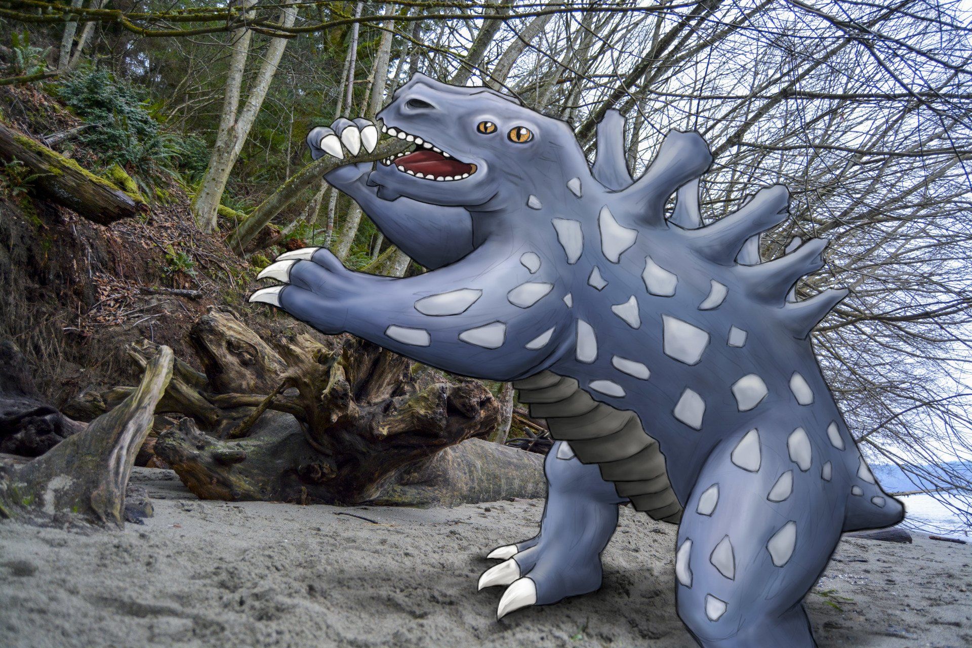 Grey monster with spikes and white claws on a beach, near driftwood.