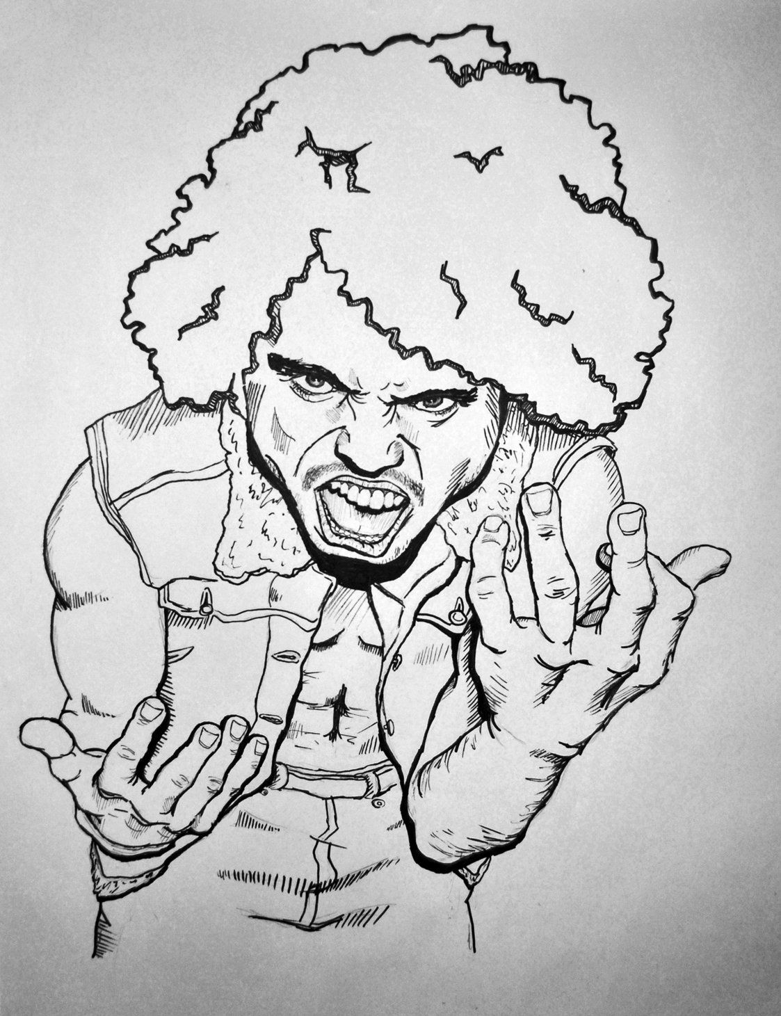 Man with large afro, making angry face, hands up, wearing vest.