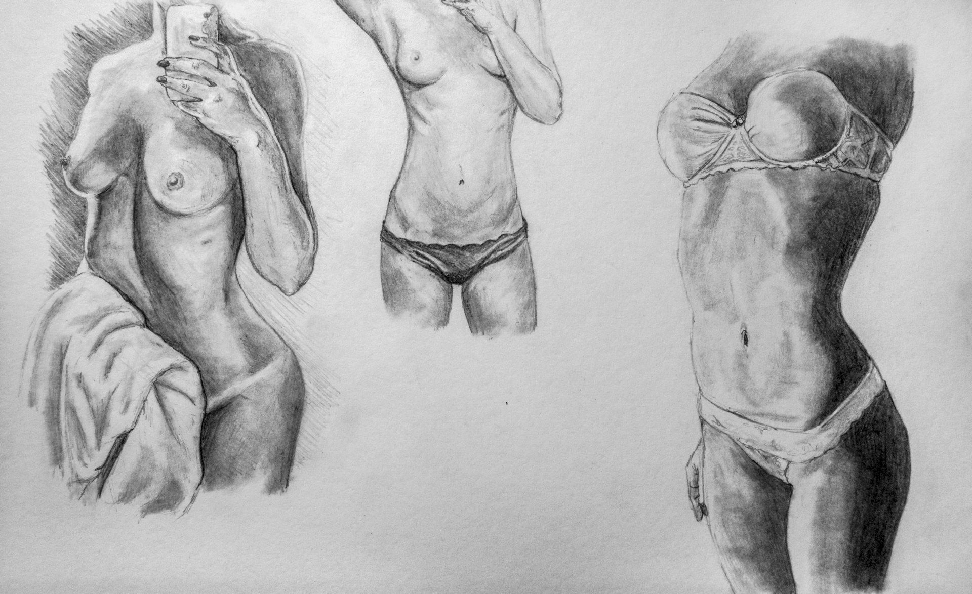 Three charcoal sketches of female torsos in underwear and/or a bra, in different poses.