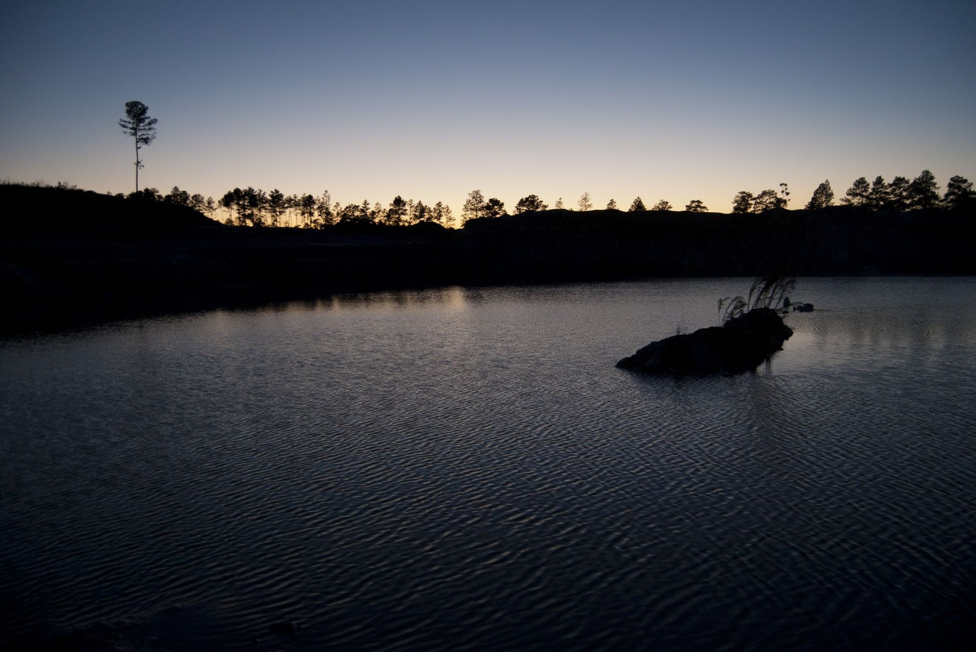 A dark lake reflecting a twilight sky, trees silhouetted along the horizon, and a small island of branches.
