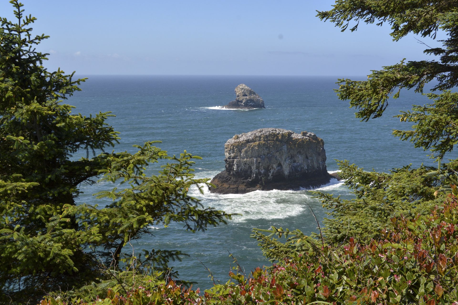 Ocean view: rocky islands in blue water, framed by green trees, under a sunny sky.