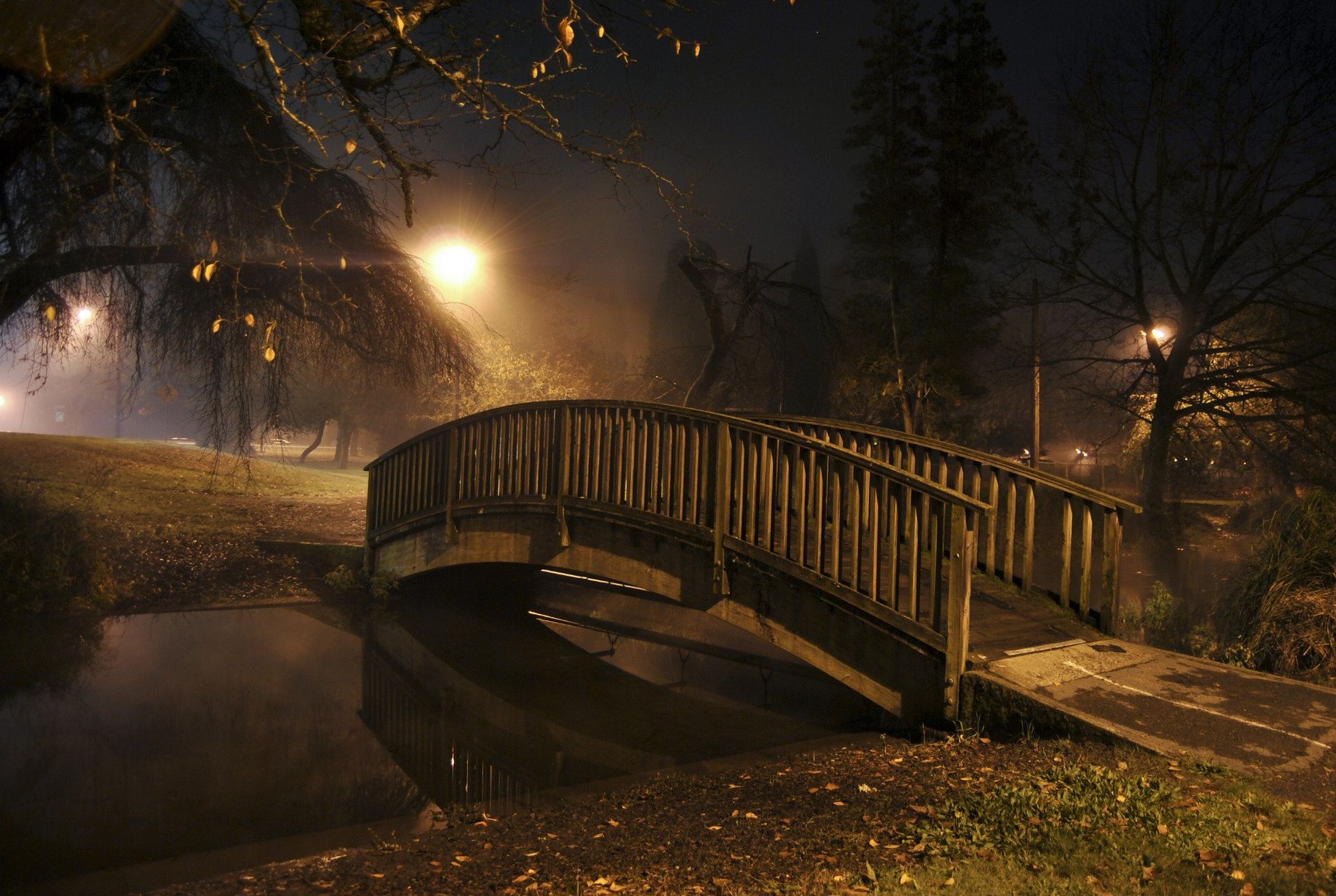 Wooden arched bridge over water at night; fog, street lights, trees.