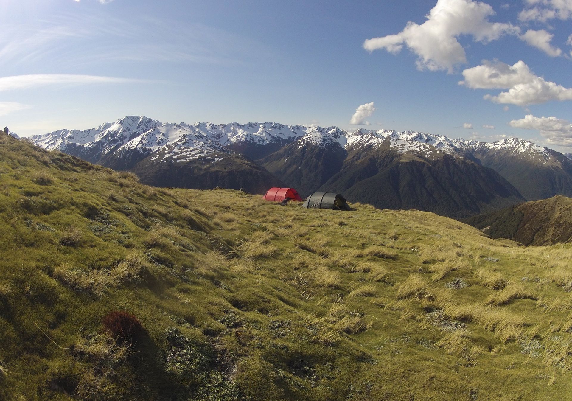 Two tents on a grassy mountain ridge, snow-capped peaks in background, blue sky with clouds.